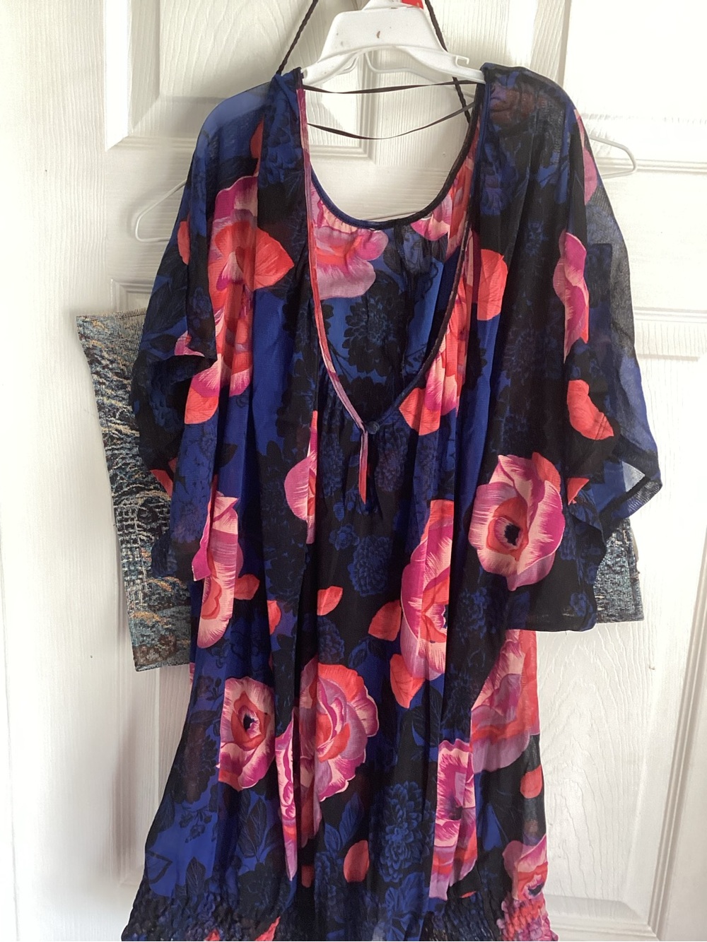 Floral Sheer Boho Dress Tunic in Navy with Pink Roses